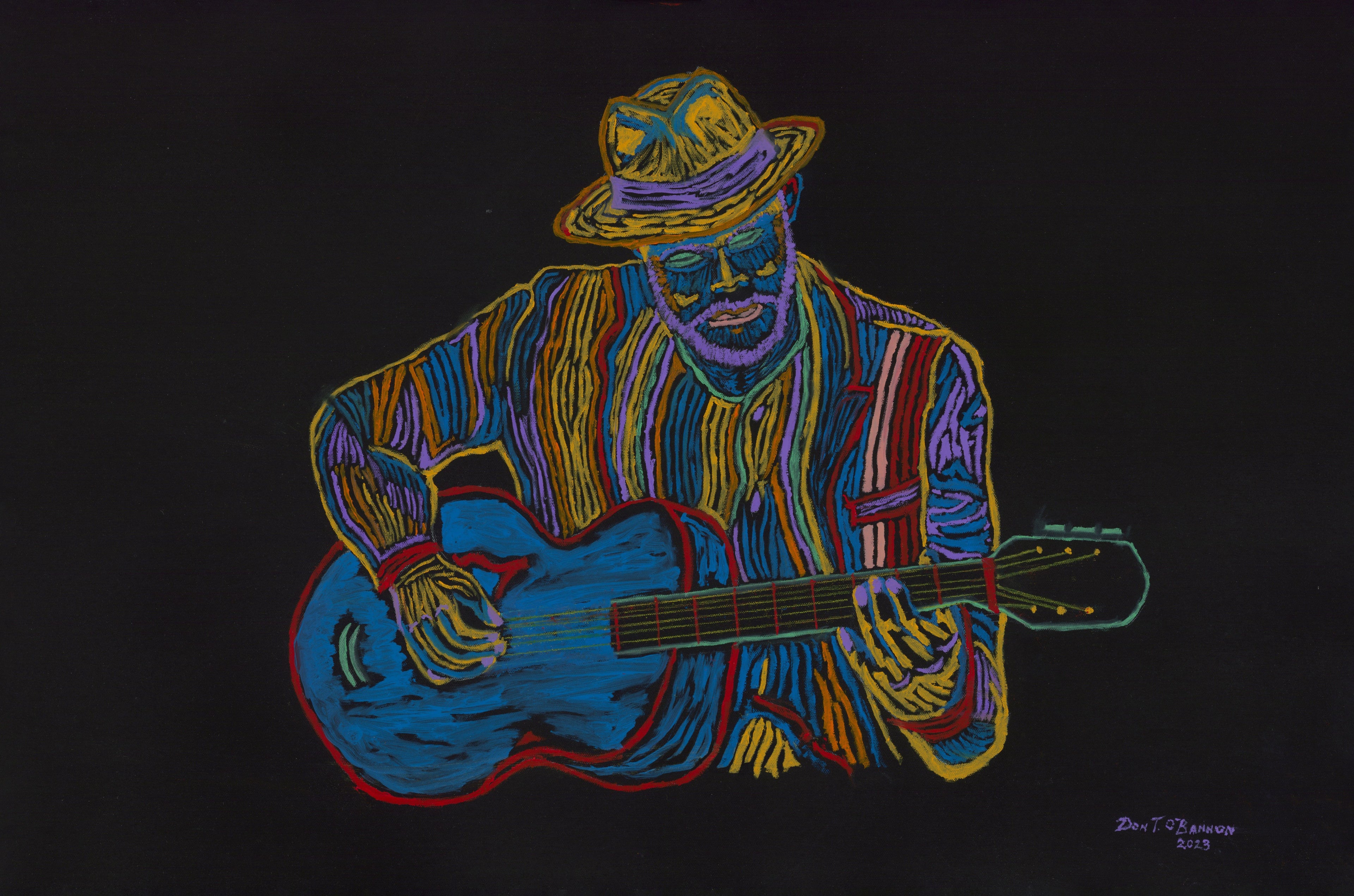 Big Easy Jazz - stylized guitar player, oil on black canvas 36x24 by Don T. O'Bannon