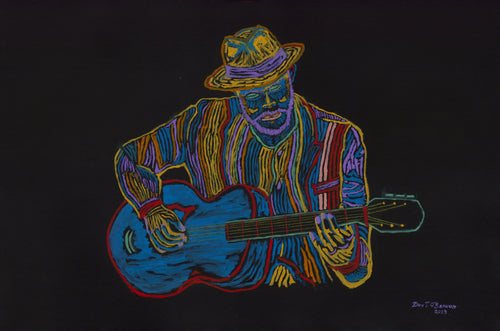 Big Easy Jazz - stylized guitar player, oil on black canvas 36x24 by Don T. O'Bannon