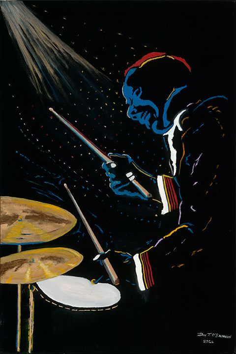 Blue Drummer - Jazz fine art painting by Don T. O'Bannon, oil on canvas 24x36