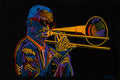 Jazz Groove - trombone player in sunglasses, oil on black canvas 36x24 by Don T. O'Bannon
