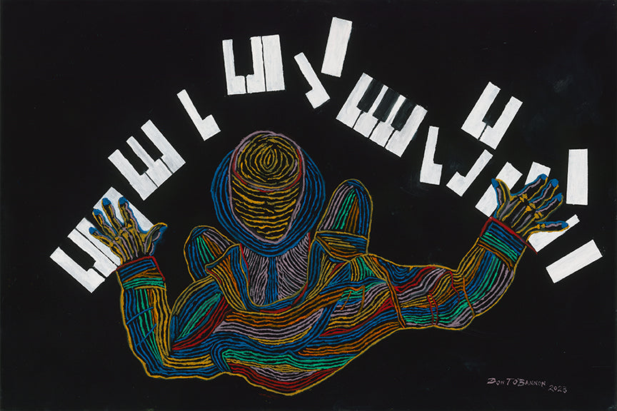 Piano Keys - aerial view of pianist reaching for floating white keys, oil on black canvas 36x24 by Don T. O'Bannon