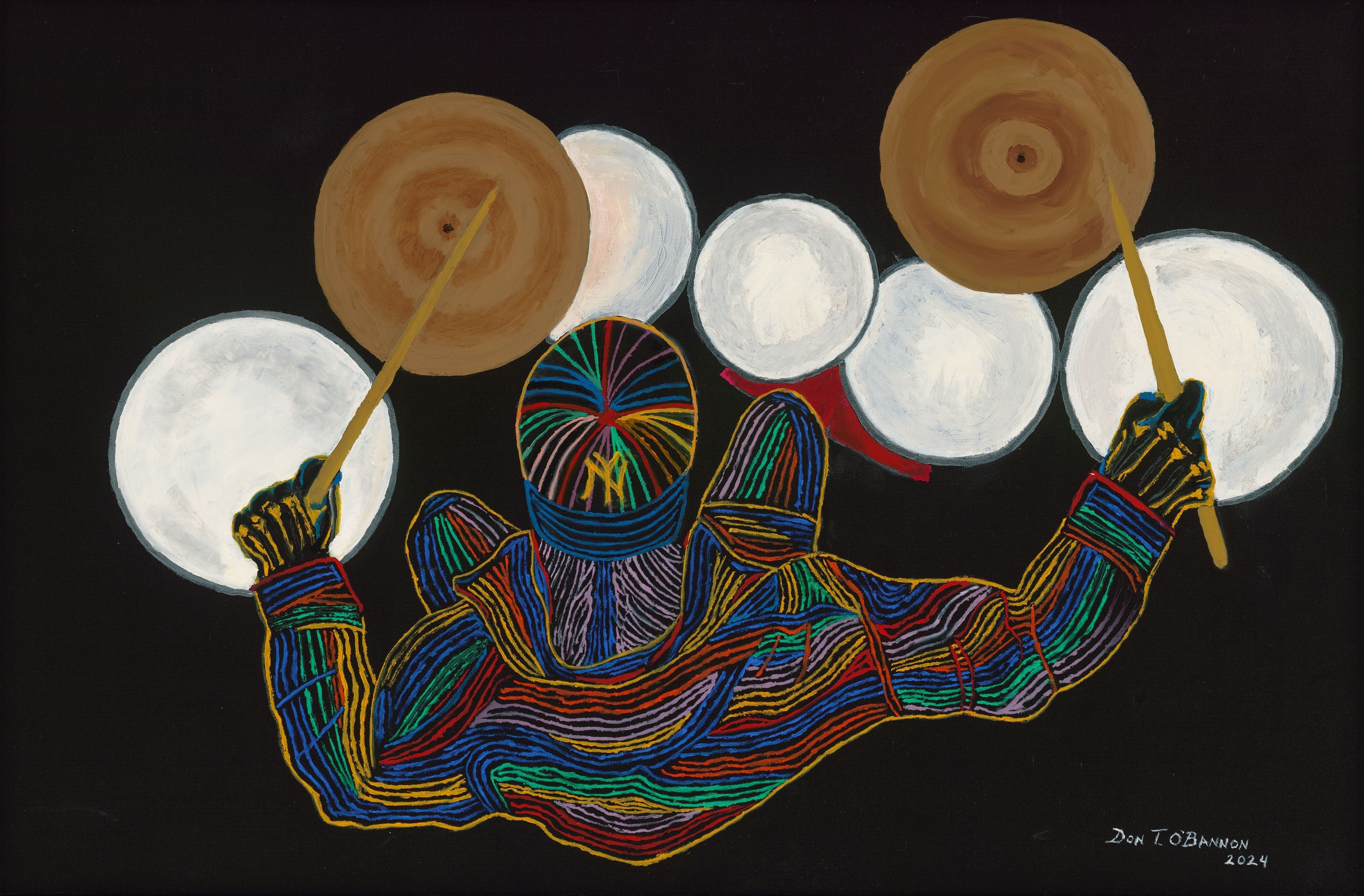 Jazz Rhythm - overhead view of drummer with cymbals, oil on black canvas 36x24 by Don T. O'Bannon