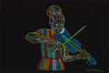 Jazz Symphony - female violinist in multicolored lines, oil on black canvas 30x40 by Don T. O'Bannon