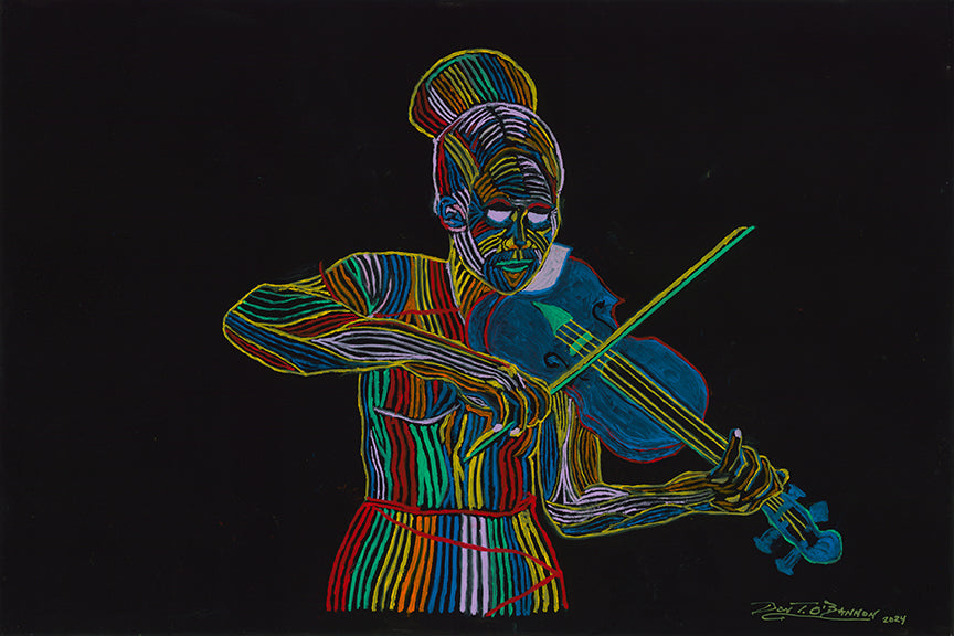 Jazz Symphony - female violinist in multicolored lines, oil on black canvas 30x40 by Don T. O'Bannon