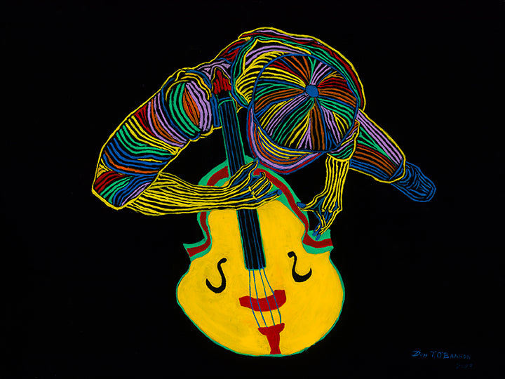 Jazz Vibe - overhead view of double bass player, oil on black canvas 30x40 by Don T. O'Bannon