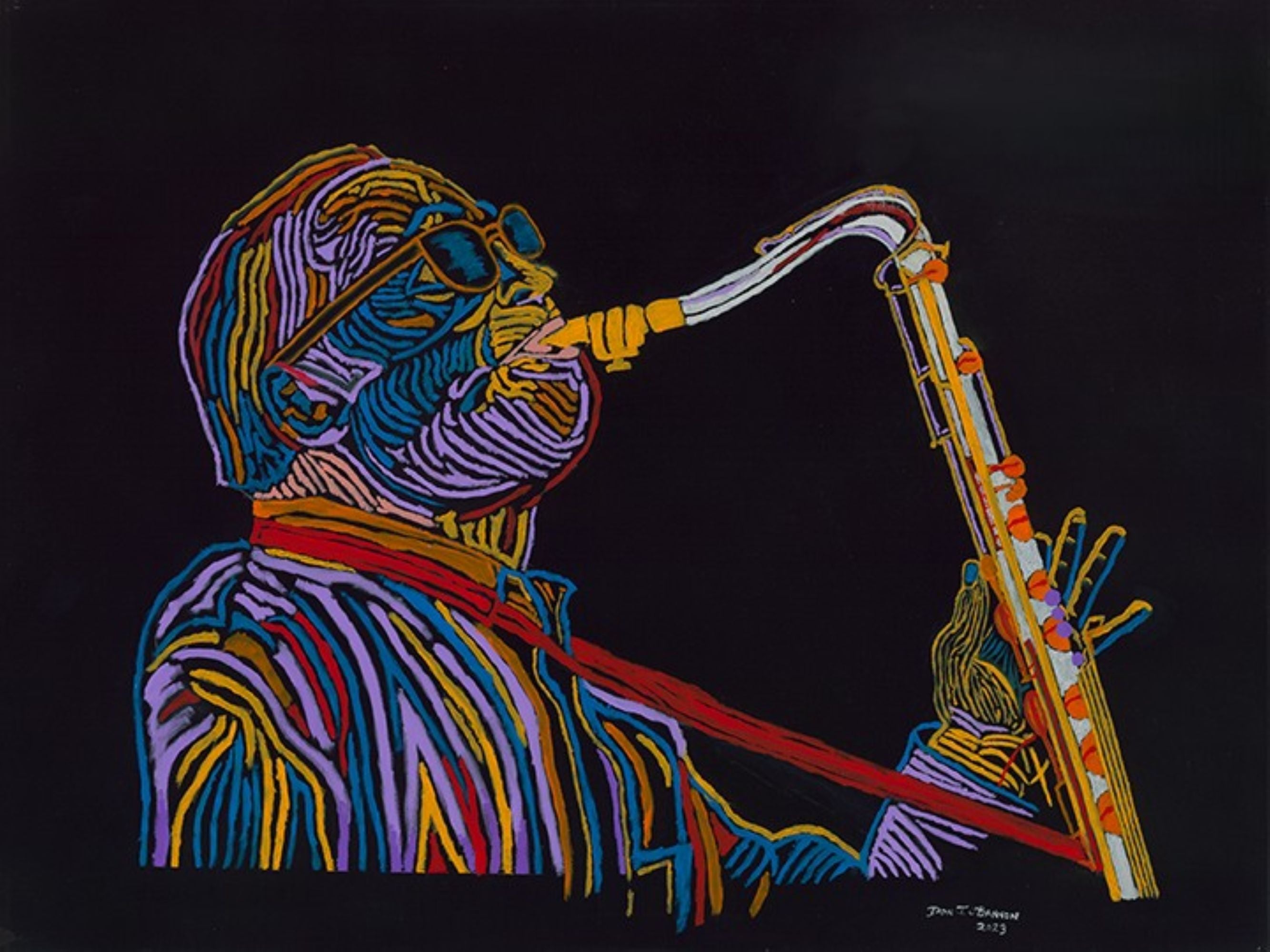 Jazz in Color - saxophone player in profile with music notes, oil on black canvas 30x40 by Don T. O'Bannon