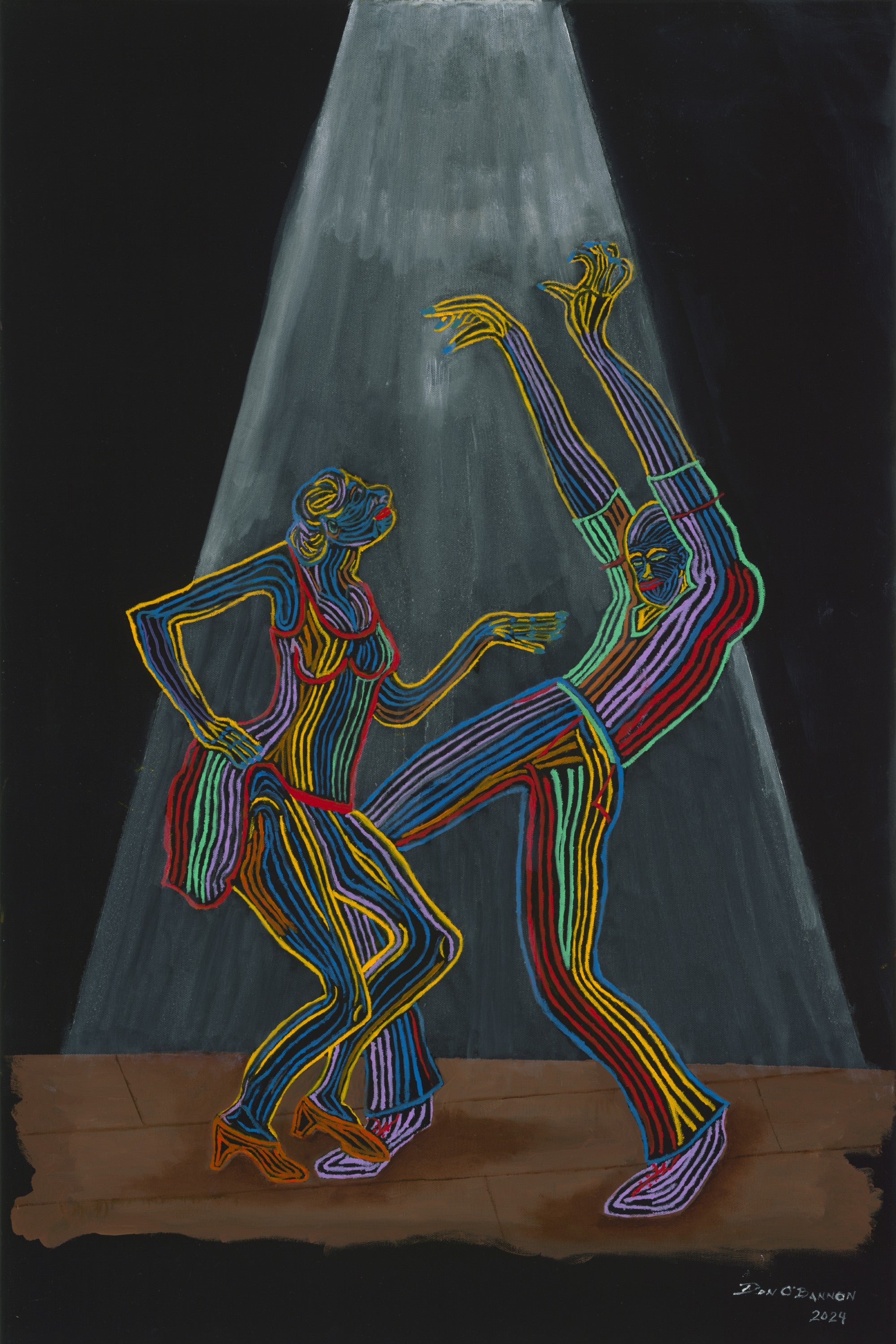 Let's Dance - two jazz dancers under spotlight, oil on black canvas 24x36 by Don T. O'Bannon