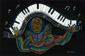 Piano Notes - bird's eye view of pianist with curved keyboard and music notes, oil on black canvas 36x24 by Don T. O'Bannon
