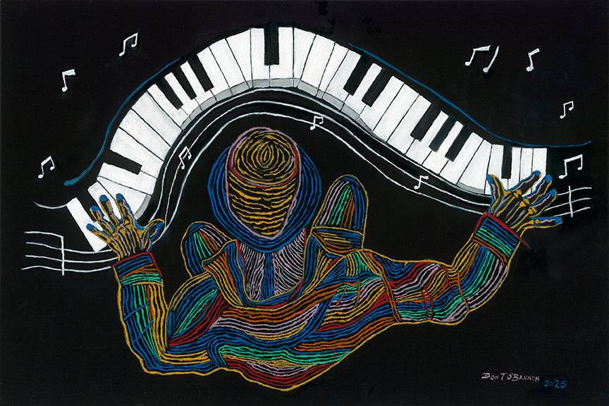 Piano Notes - bird's eye view of pianist with curved keyboard and music notes, oil on black canvas 36x24 by Don T. O'Bannon
