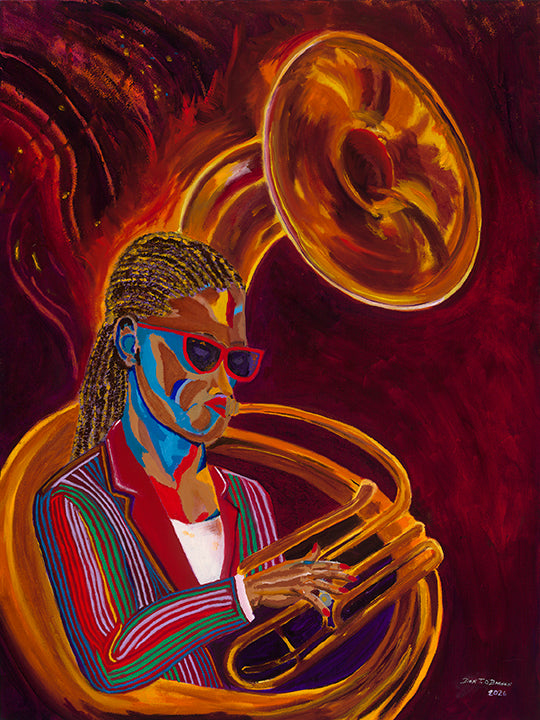 Second Line - New Orleans jazz tuba player, vibrant oil painting 30x40 by Don T. O'Bannon